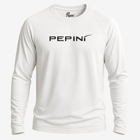 White long-sleeve shirt with 'Pepini' logo on a white background